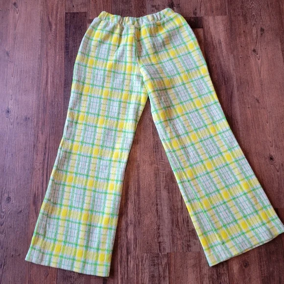 Vintage 70s Jan Celeste Yellow Green Plaid Elastic High Waist Pants - Picture 1 of 7